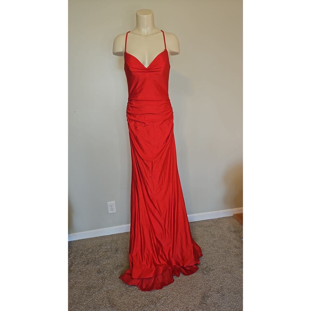 JOVANI - Spaghetti Strap Gown with Side Lace-Up Detail - Picture 2 of 5